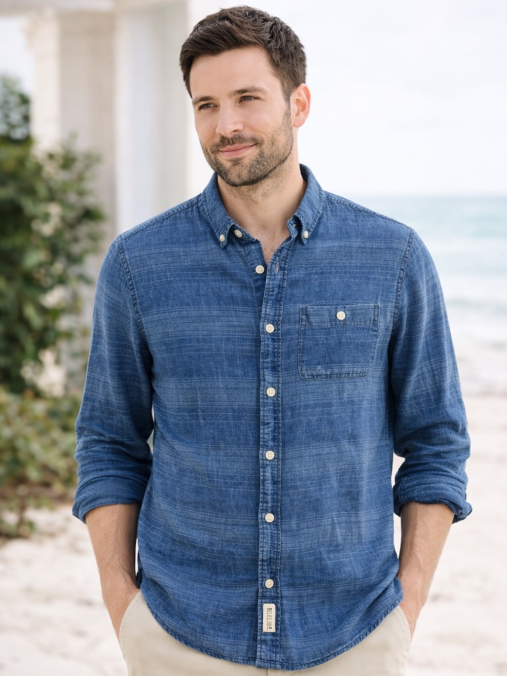 Hollister Linen Blend Button Down Shirt Blue Textured Stripe Pocket Men’s M